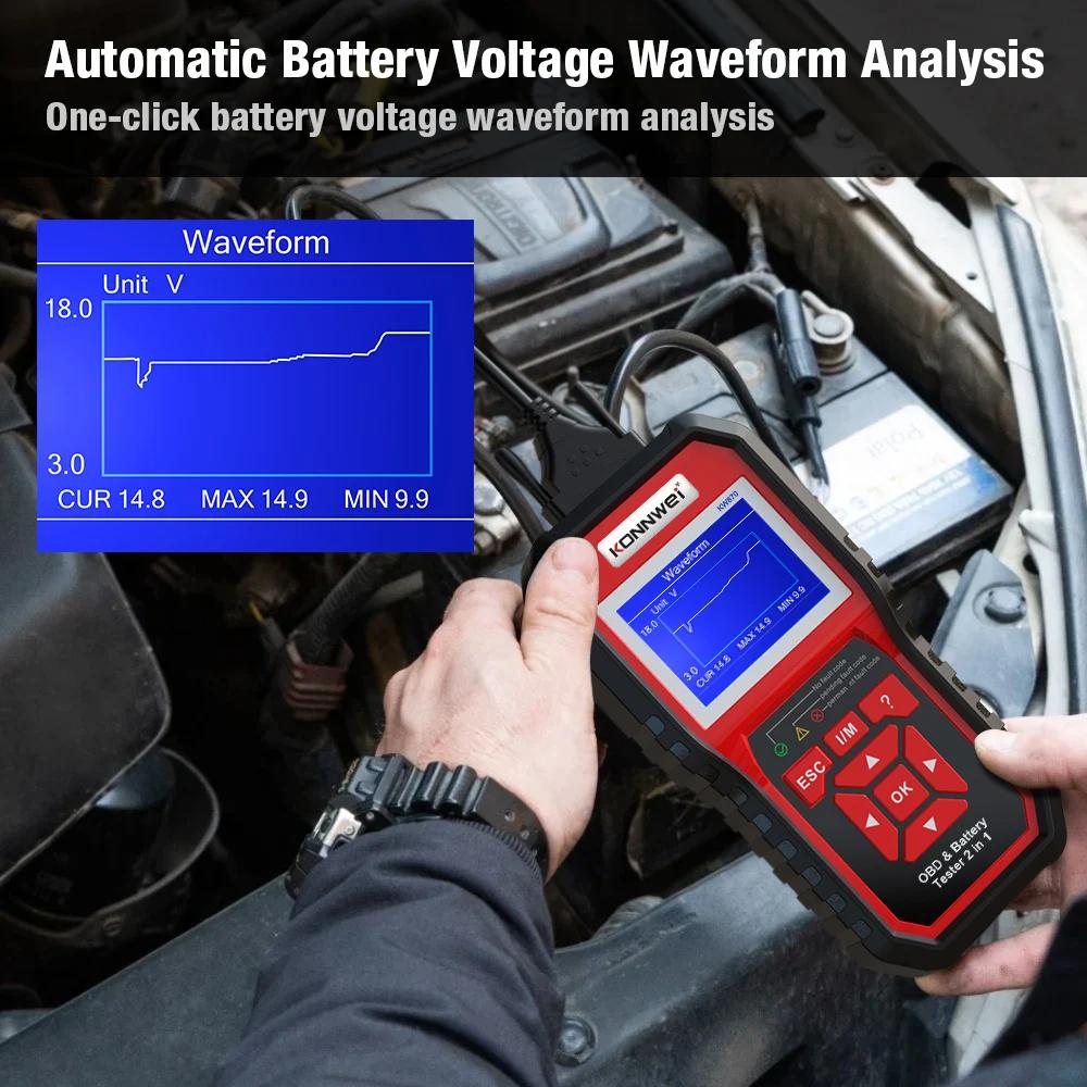 KONNWEI KW870 6V 12V Auto Motorrad Batterie Tester OBD2 Diagnose Werkzeug Scanner 2 in1 Ankurbeln Lade Test Werkzeuge für die Auto
