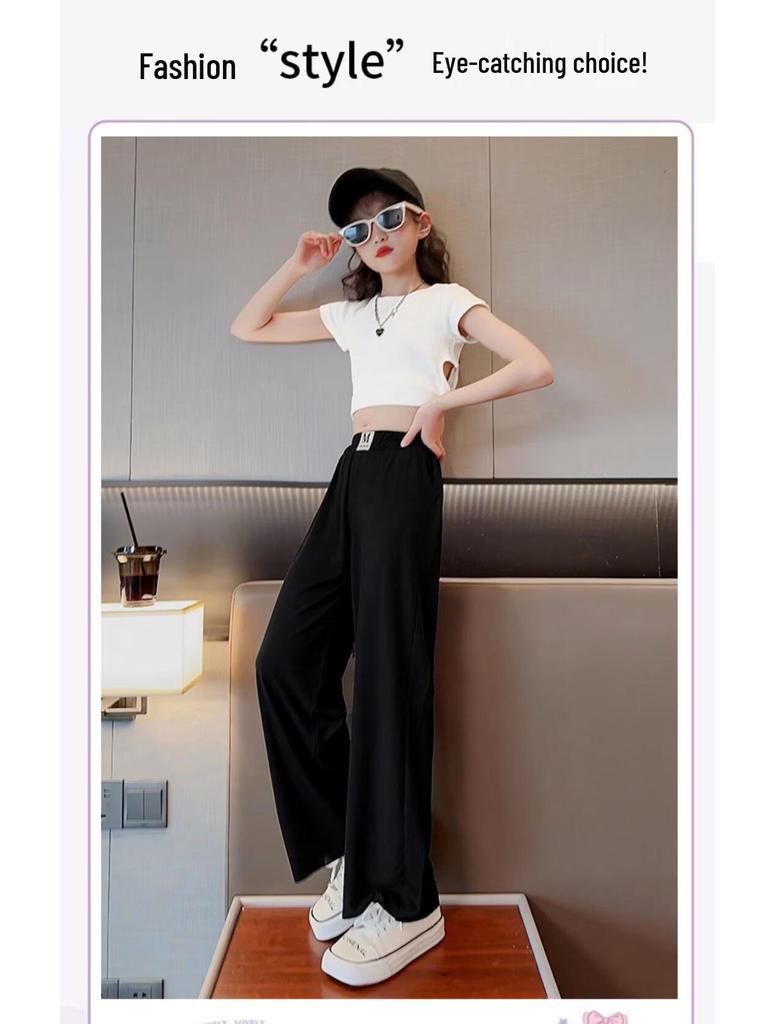 2024 Girls' Summer Ice Silk Straight-Leg Pants - Thin, Loose, Long-Leg Design for Big Kids