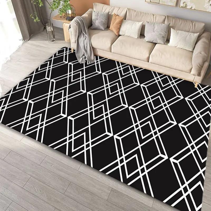 

Чорно-білий килим з геометричним візерунком, художній смугастий картатий принт, м який килимок для підлоги для вітальні, спальні 50X80CM