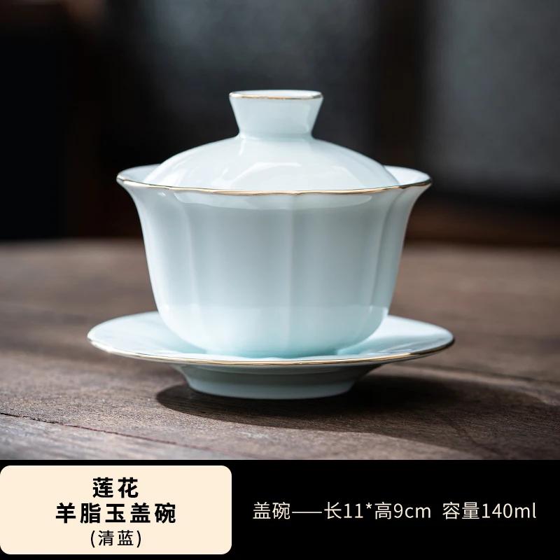 Biała Porcelana z Białego Porcelany Dehua z Motywem Złotej Owczej Tłuszczu, Trzyczęściowa Miseczka z Pokrywką, Ceramiczna Duża Miseczka na Herbatę, Zestaw do Herbaty Kung Fu