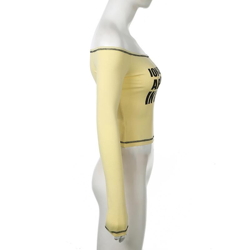 European and American autumn and winter women's sexy spicy girl one shoulder letter printed tight T-shirt top