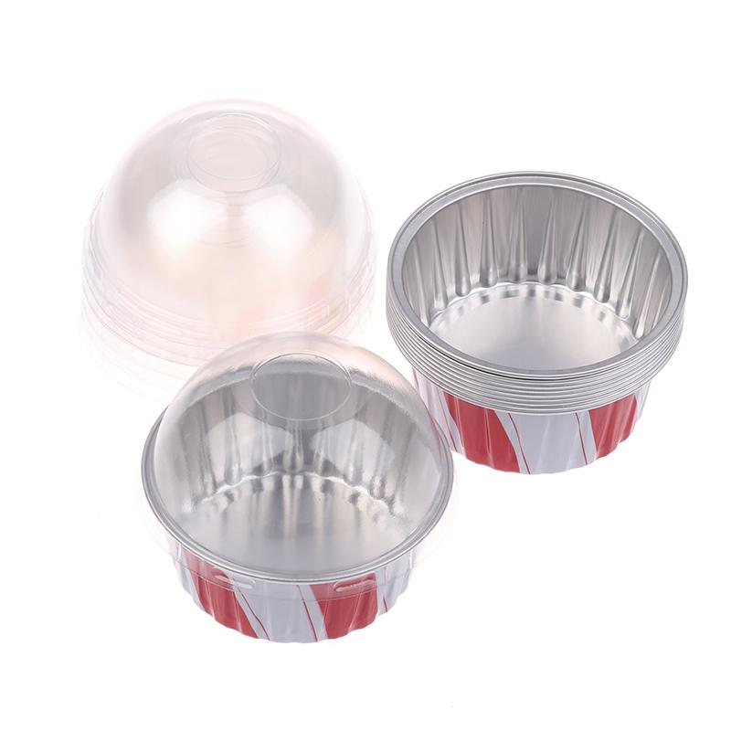 10Pcs Reusable Aluminum Foil Cup With Lid Pudding Cake Mold Air Fryer Tinfoil Box Baking Tray Tinfoil Cups Baking Pastry Tools