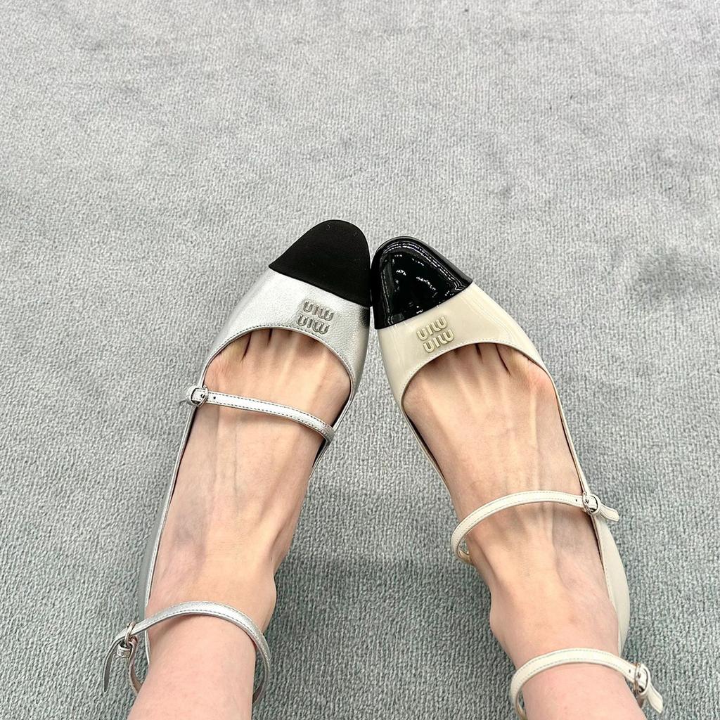 Sheepskin version~ A miu one-word strap high heel Mary Jane single shoes women's leather round head cat heel shoes ballet shoes small leather shoes
