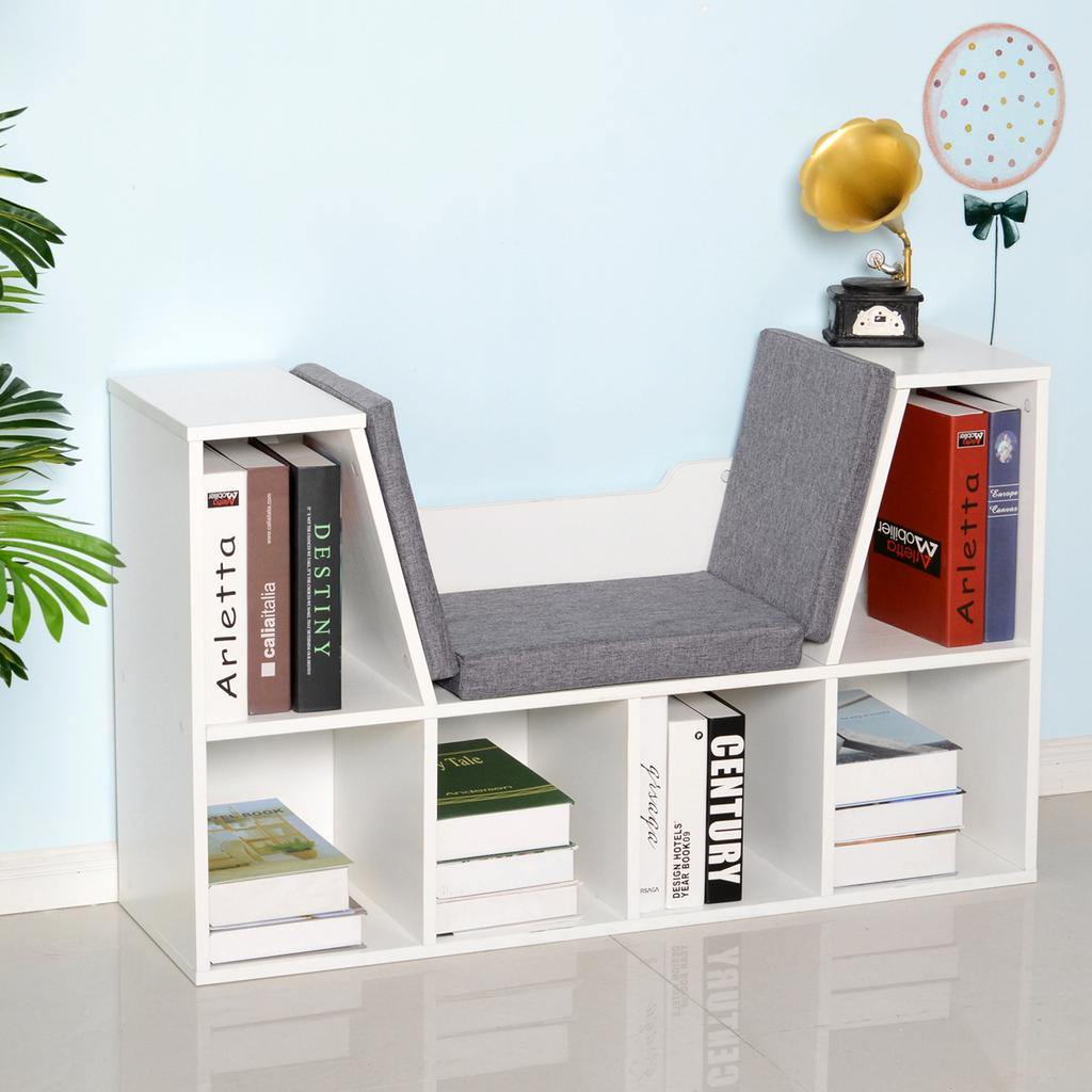 Bookcase Storage Shelf with Cushioned Reading Seat, Cube Bookshelf Organizer for Bedroom Living Room, White