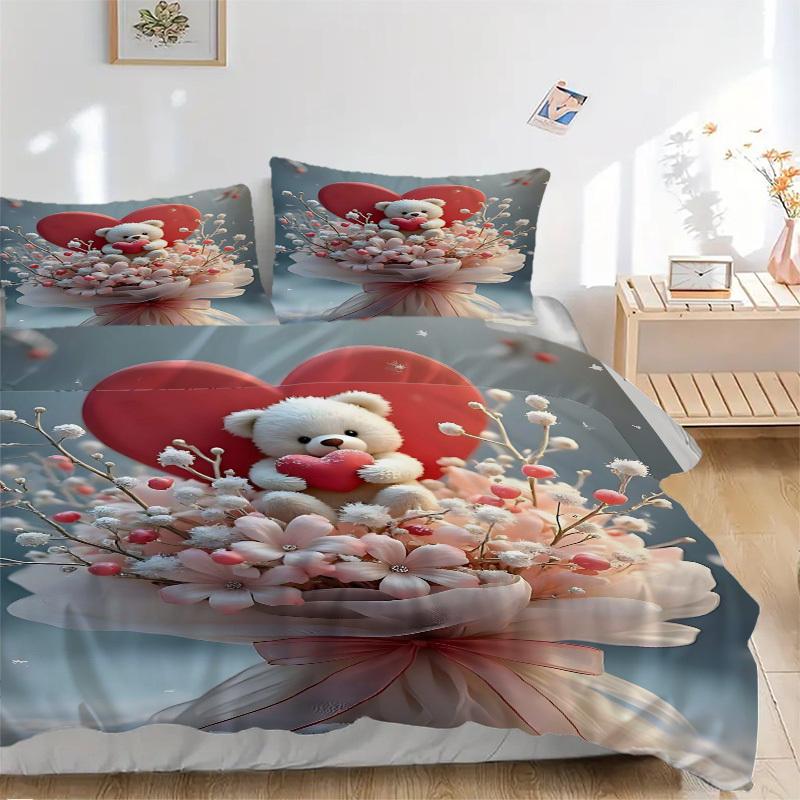 3pcs Anime Teddy Bear Heart Bouquet Bedding Set - Includes One Quilt Cover and Two Pillowcases (No Core) - Polyester Fabric, Perfect for Bed