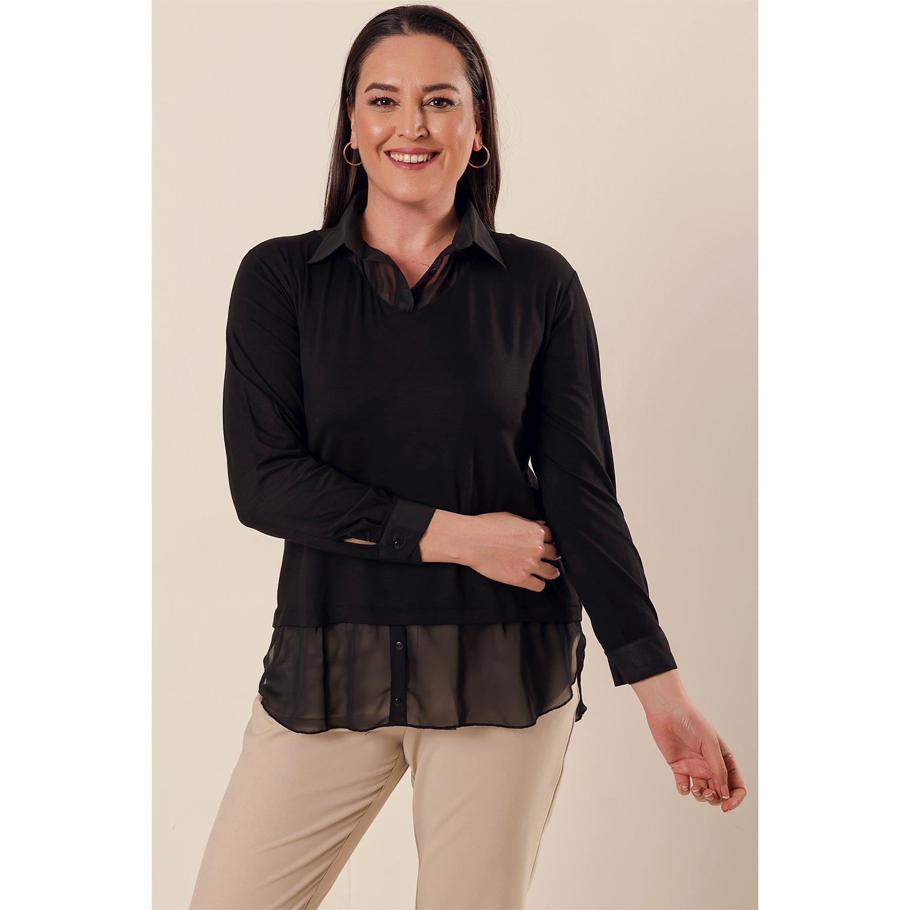 

Шифоновая блузка свободного кроя с воротником-рубашкой и деталями большого размера