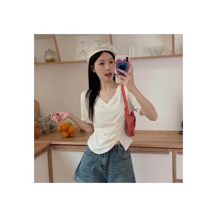 Women's Irregular V-Neck Short-Sleeve Pleated T-Shirt - 2024 Summer Collection