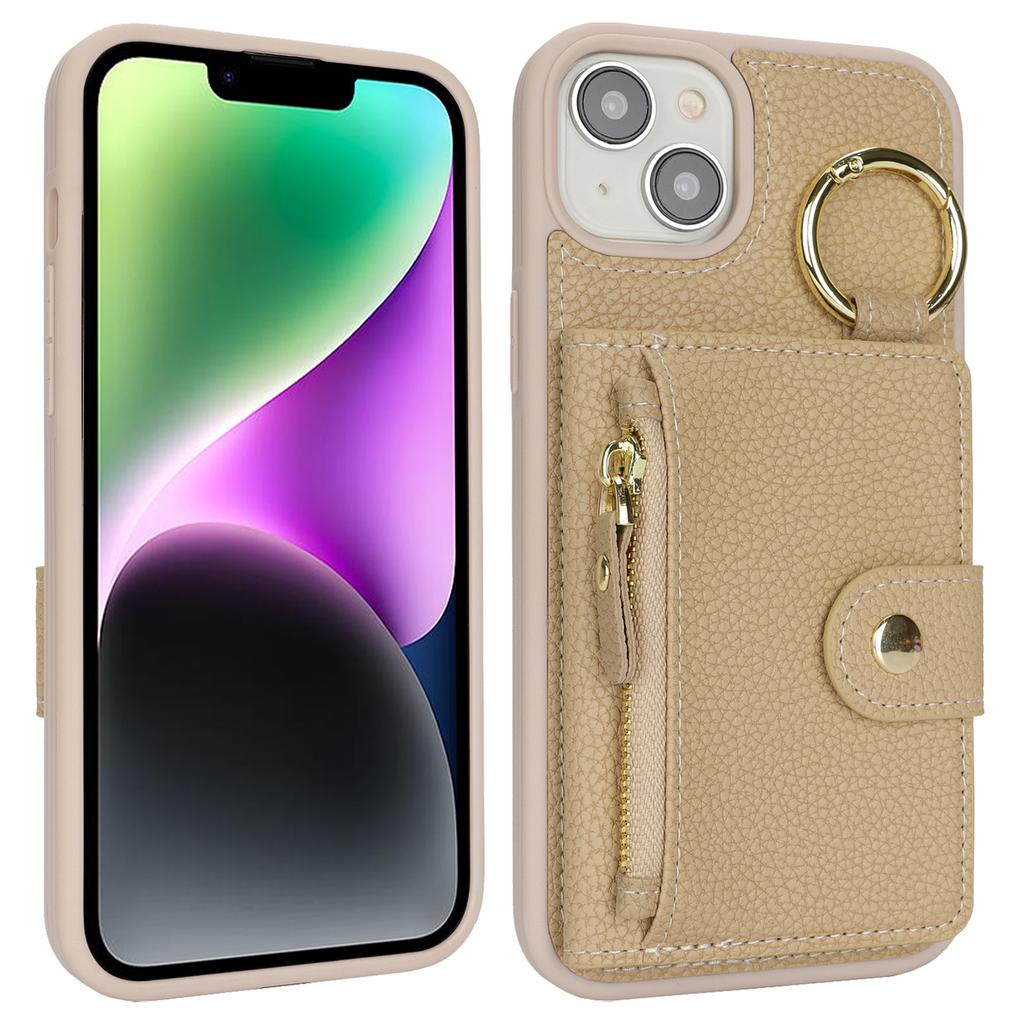 For iPhone 14/13 Case Litchi Textured PU Leather + TPU Kickstand Phone Cover with Card Slot