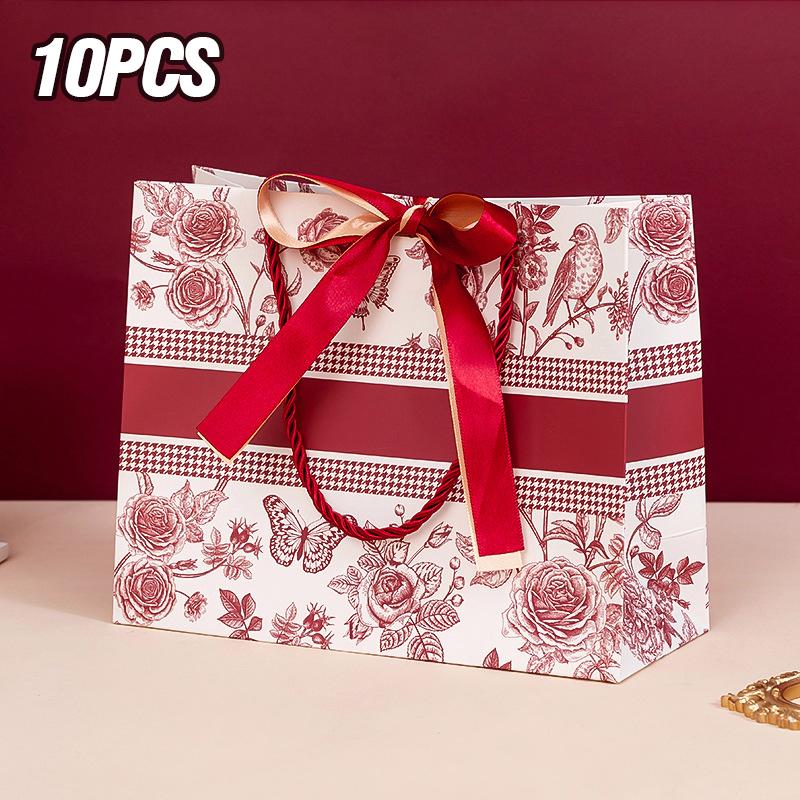 

10 Pcs Retro Floral Gift Bags Fashion Tote Bag With Ribbon Packaging Bag Paper Birthday Gift Bag Portable Shopping Handbag 10X16cm