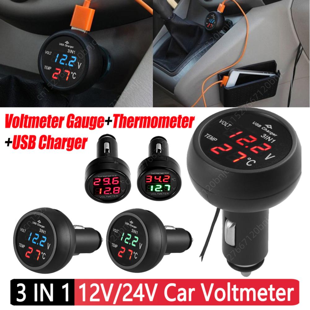 

3 in 1 12/24V Car Volt Meter Auto LED Digital Voltmeter Gauge+Thermometer+USB Charger Current Meter Volt Detector Thermometer