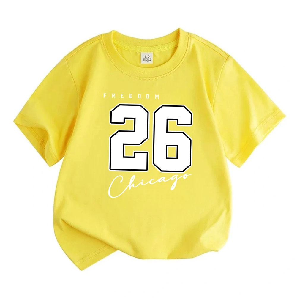 Kids Boys Girls 100% Cotton Crew Neck Short Sleeve T-Shirt, Freedom 26 Chicago Print Casual Summer Comfortable Soft Daily Tee for Children
