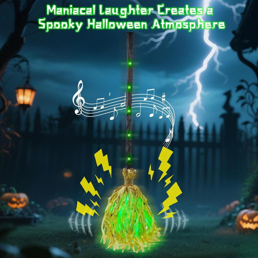 Witch Broom Prop Green Led Witch Broom Decor Spooky Prop With Bright Green Glow For Home Yard Door Room Outside Party Wall House