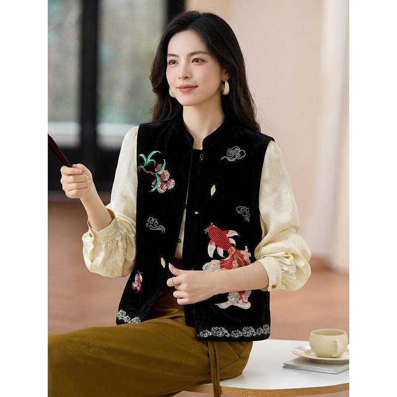 Women s Retro Chinese Style Embroidered Stand Collar Vest L чёрный