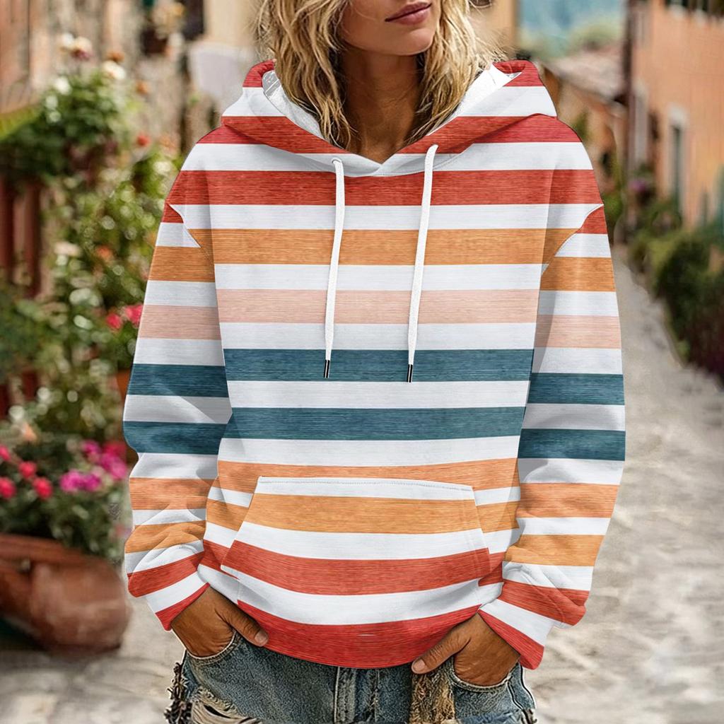 Women's Striped Print Casual Long Sleeve Hoodie with Pocket and