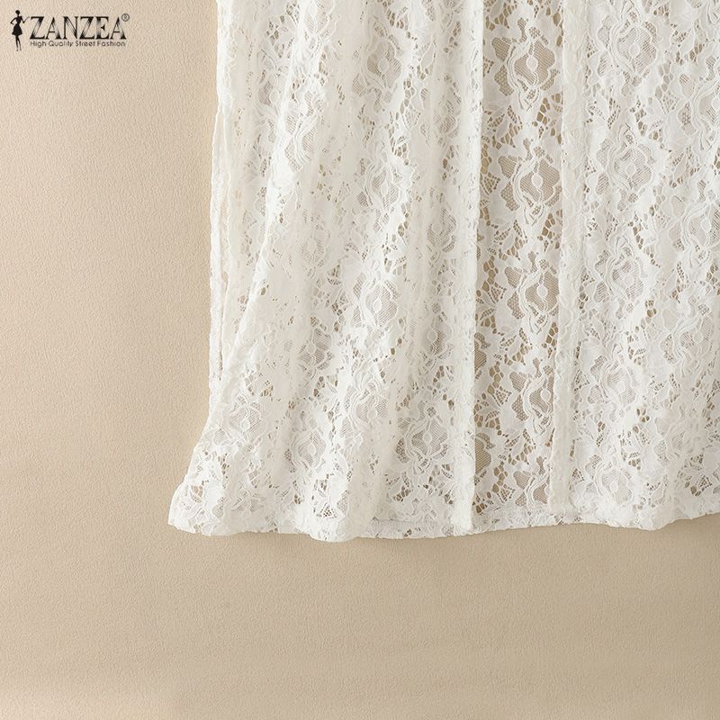 ZANZEA Women Casual Round Neck Sleeveless Lace Long Cardigan Tops
