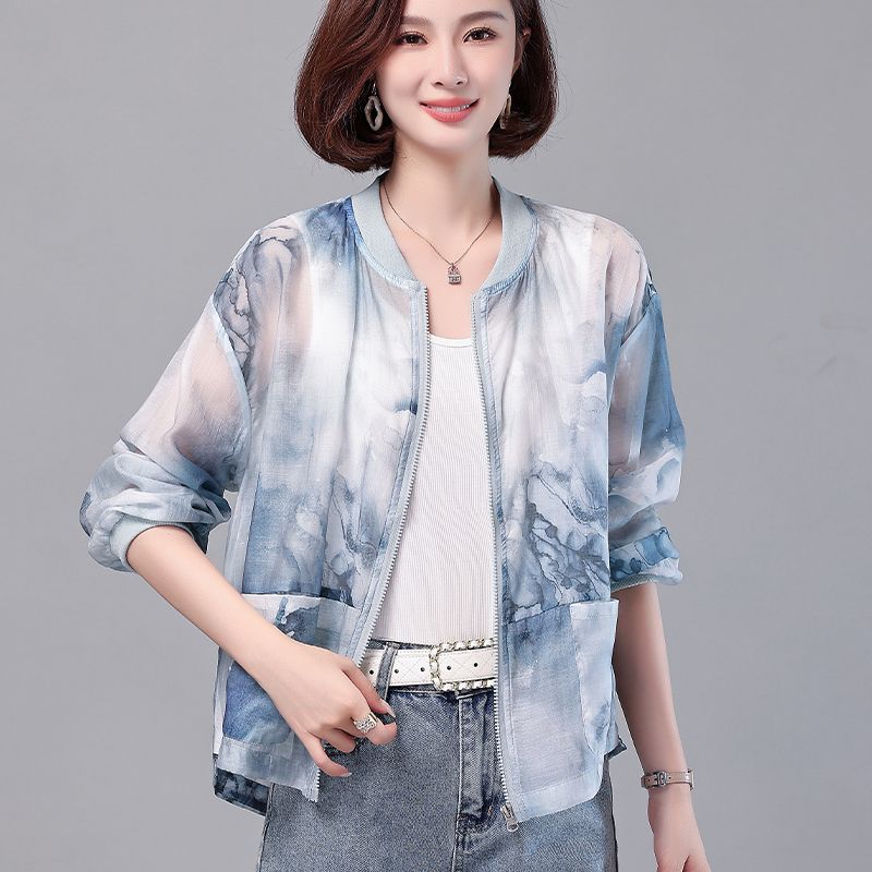 Women's Short Summer Lightweight Printed Sunscreen Shirt Fashionable Age Reducing Loose Baseball Sunscreen Clothing