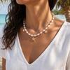 Boho Starfish Shell & Faux Pearl Necklace - Beach Vacation Style Clavicle Chain