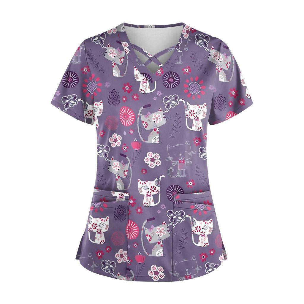 Plus SizePrinted Scrub Working Uniform Tops para mulheres Cross V-neck Halloween Print manga curta camisetas divertidas Workwear Tee com bolsos