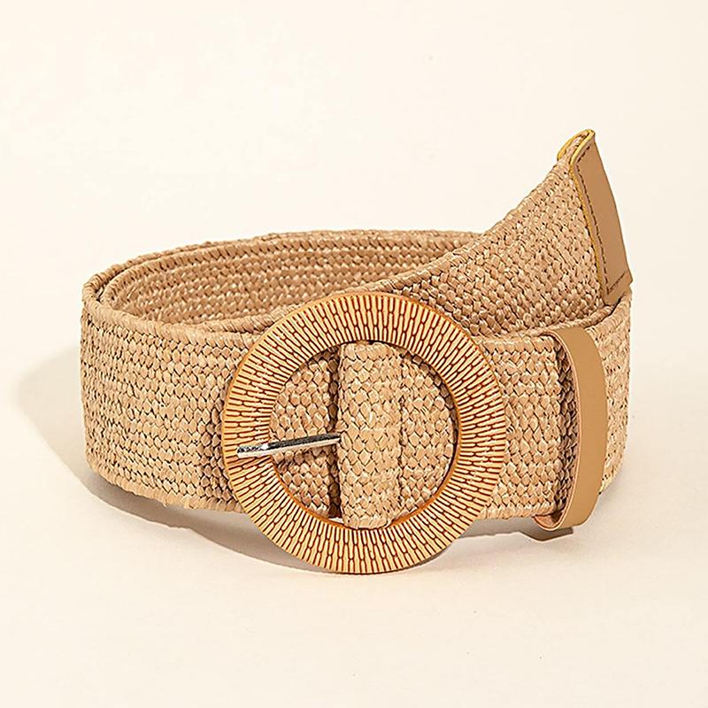 1 stuks Dames Ronde Gesp Boho Strooien Riem Voor Strand Ellips Gesp Kralen Decoratie Boheemse Geweven Riem Voor Vakantie 97cm beige