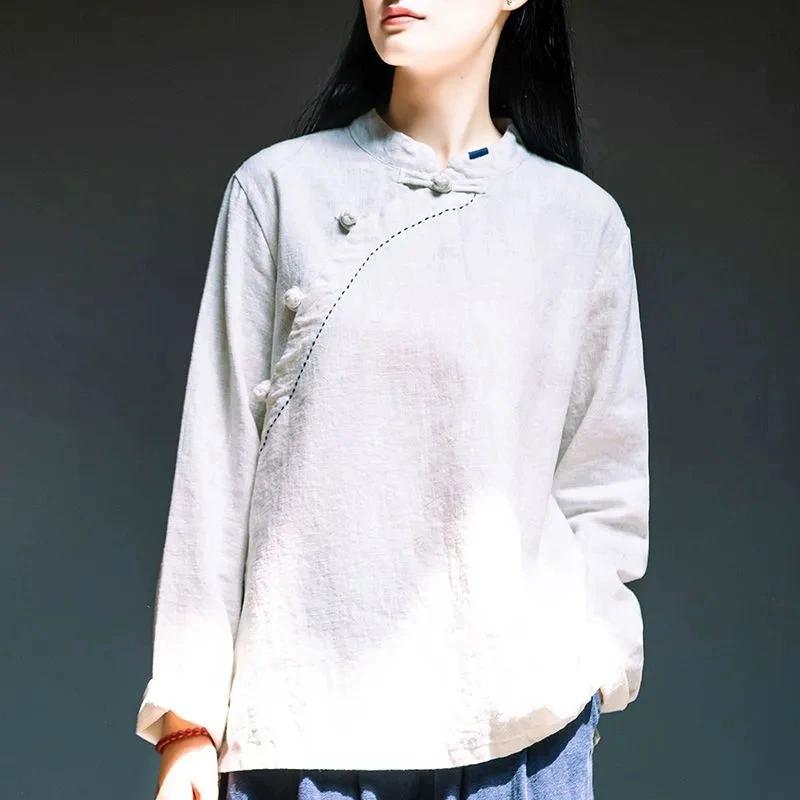 Women's Literature and Art Retro Spring Summer Autumn Cotton Linen Long-sleeved Loose and Thin Blouse Stand-up Collar Diagonal Placket Button-up Shirt