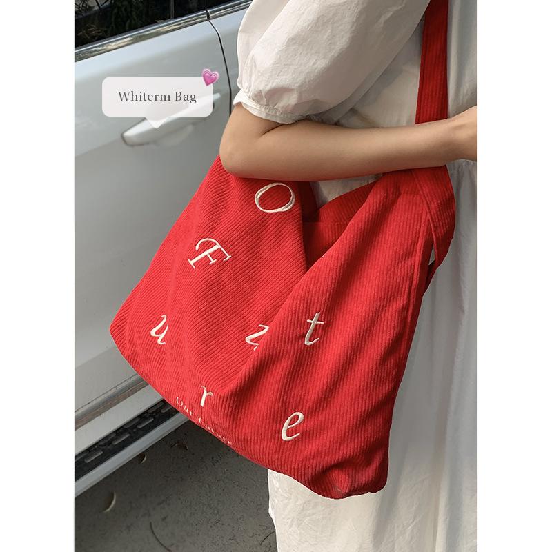 Korean Version of Embroidered Letter Corduroy Large Bag Women's 2025 New Tote Bag Student Class Large-capacity Crossbody Bag