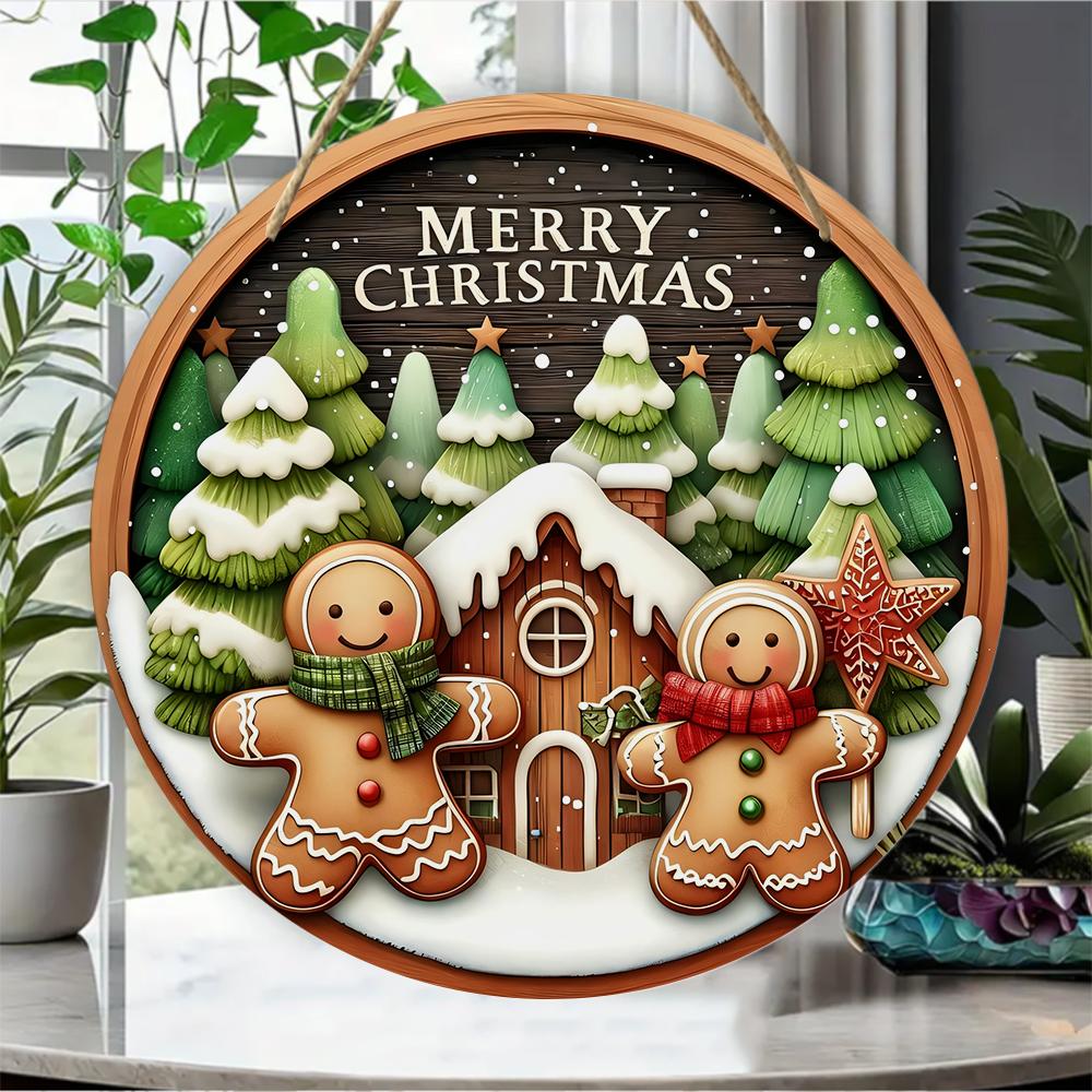 Gingerbread Man Cabin Theme Round Wooden Hanging Plaque Natural Solid Wood Texture Winter Festive Wall Sign Home Xmas Party Holiday Decor