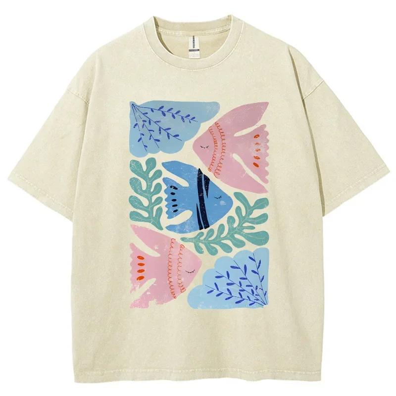 

Мультяшная Минималистичная Футболка с Принтом Травы и Маленьких Рыбок Фэн-шуй, Выстиранная, Свободная, Оверсайз, с Коротким Рукавом, Винтажная, Повседневная 3XL