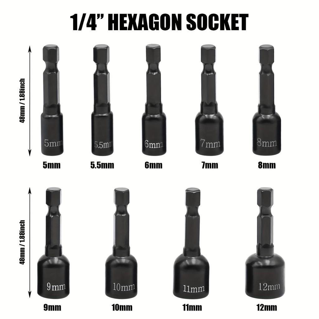 9pcs Power Nut Driver Set Metric Hex Socket Drill Bits Chuck Adapter, Electronic Hex Key Socket Set with 1/4 Inch Hex Shank