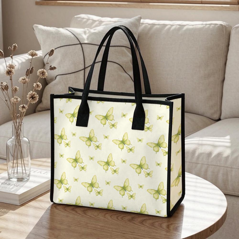 Light Green Butterfly Print Tote Bag Casual Large Capacity Women Daily Shopping Portable Canvas Handbag