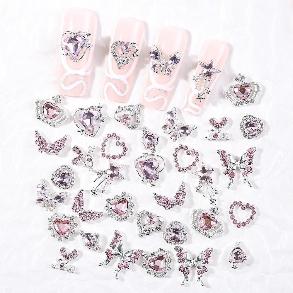 24pcs New Y2k Style Nail Art Rhinestone 3D Heart Star Bow Cherry DIY Nail Charms Resin and Alloy Nail Gems Decor Nail Supplies