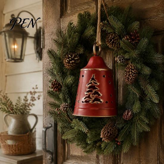 Vintage Holiday Decor Metal Bell Christmas Ornament, Large Iron Hanging with Ornaments Hollow Carved Tree Pattern for Door, Garland, Wreath,