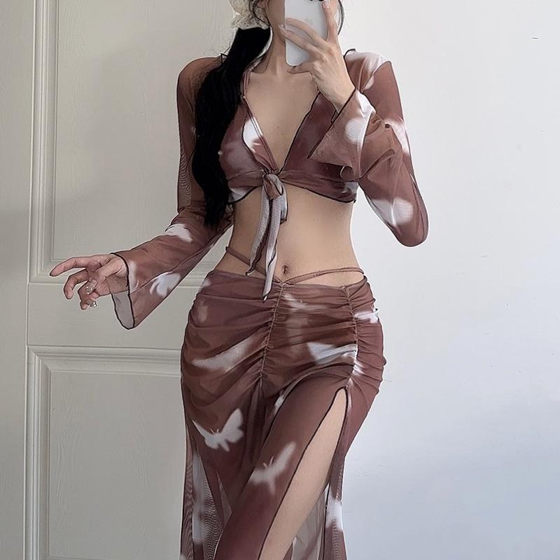 

Вдохновленный Кореей комплект бикини с длинным рукавом «Бабочка» с накидкой для защиты от солнца и утягивающей юбкой, облегающей бедра XL