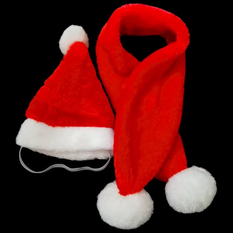 Red Plush Pet Christmas Hat and Scarf Set