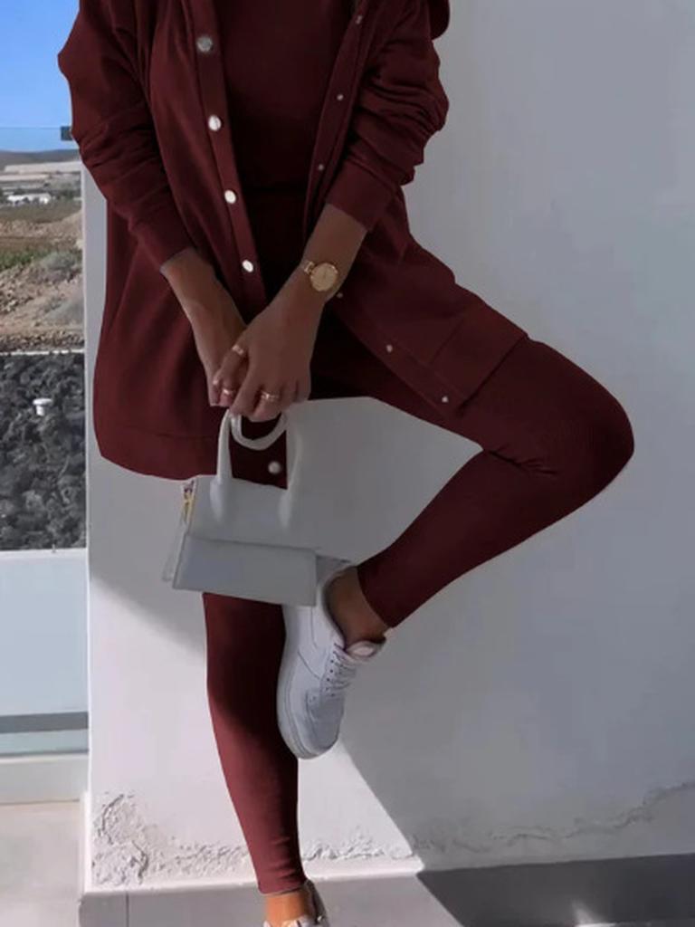 Spring New Women's Casual Hooded Sweatshirt & Slim Fit Ribbed Pants Set - 3 Pieces
