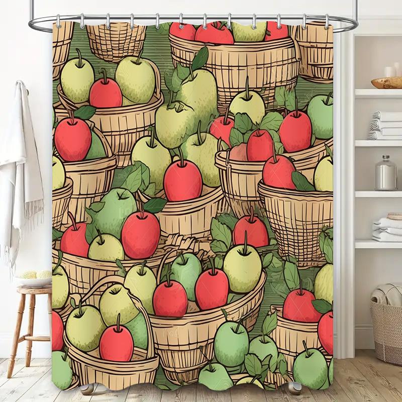 Red Green Apple Shower Curtain - Farmhouse Basket & Leaves, Waterproof Rustic Bath Decor for Christmas