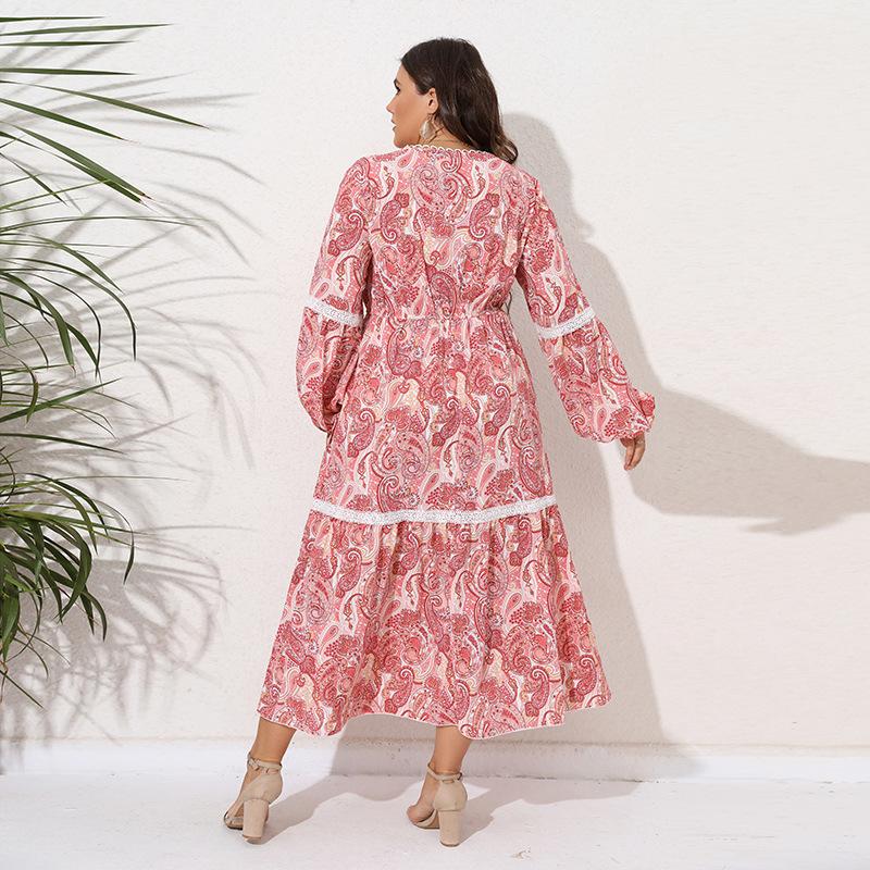 Vår och Höst Dam Plus Size Etnisk Stil Tryckt Klänning Patchwork V-Hals Långa Klänningar