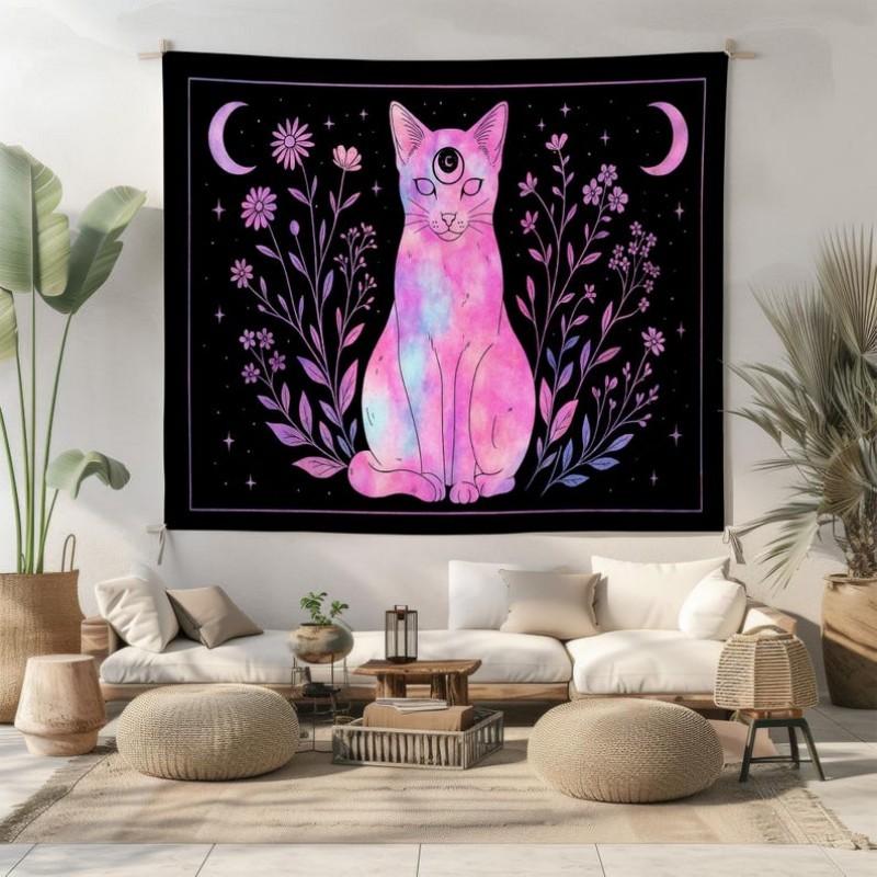 Cat Tapestry Mysterious Moon Flower Wall Hanging Gothic Bohemian Aesthetic Boho Bedroom Living Room Home Decor Wall Art