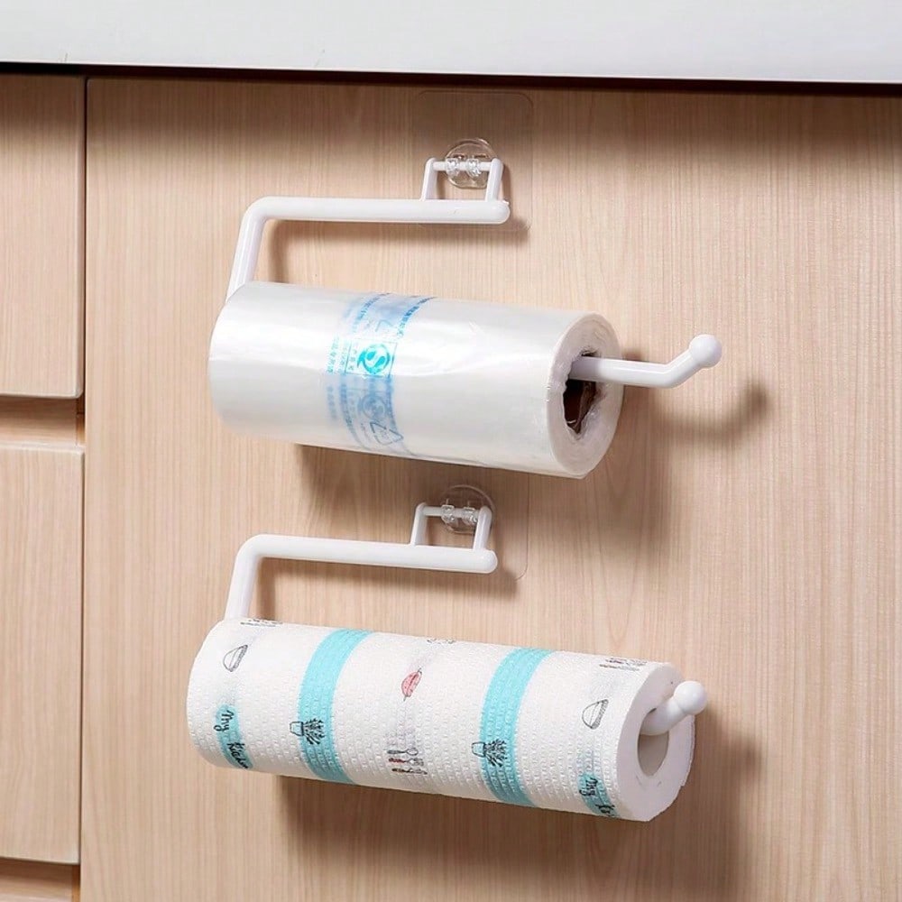 1pc Punch-free Kitchen Paper Towel Rack, Toilet Paper Holder, Paper Roll Rack Hanger, Plastic Film Storage Rack, Rag Storage Rack