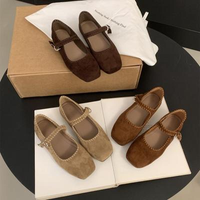 French Suede Ballet Flats Women's 2025 Spring and Autumn New Retro Square Head Casual Flat Mary Jane Single Shoes