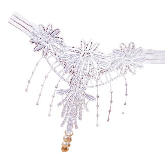 Women G-string Flower Embroidery Tassel Solid Color Hollow Out Faux Pearl Decor Spaghetti