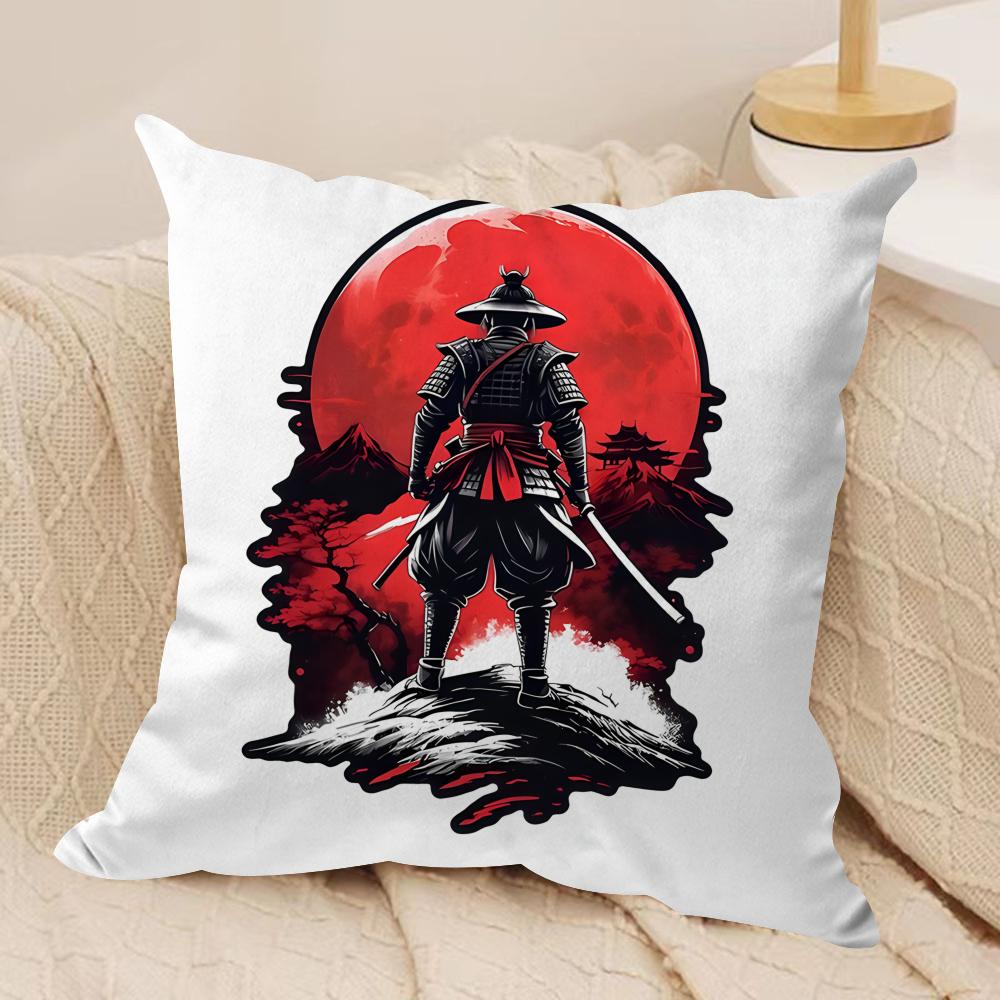 Japanese Style Ink Samurai Cushion Cover Silky Short Plush Invisible Zipper Dustproof Sofa Pillow Case for Home Decor