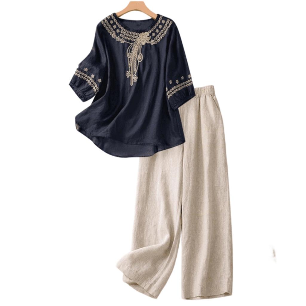 Damen Zweiteiliges Baumwoll-Leinen-Set Lockere Bluse und Weite Hosen Casual Vintage Stil Outfit für den täglichen Gebrauch