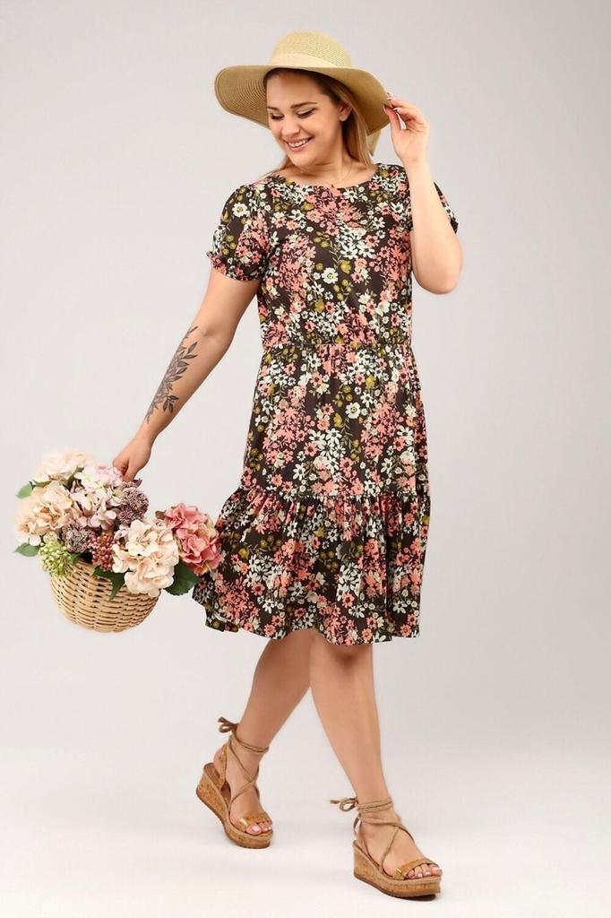 Damska Sukienka w Dużym Rozmiarze ze Szczegółowym Wzorem Kwiatowym i Falbaną na Dole, Plus Size Wygodna Stylowa Sukienka z Krótkim Rękawem - Somoni