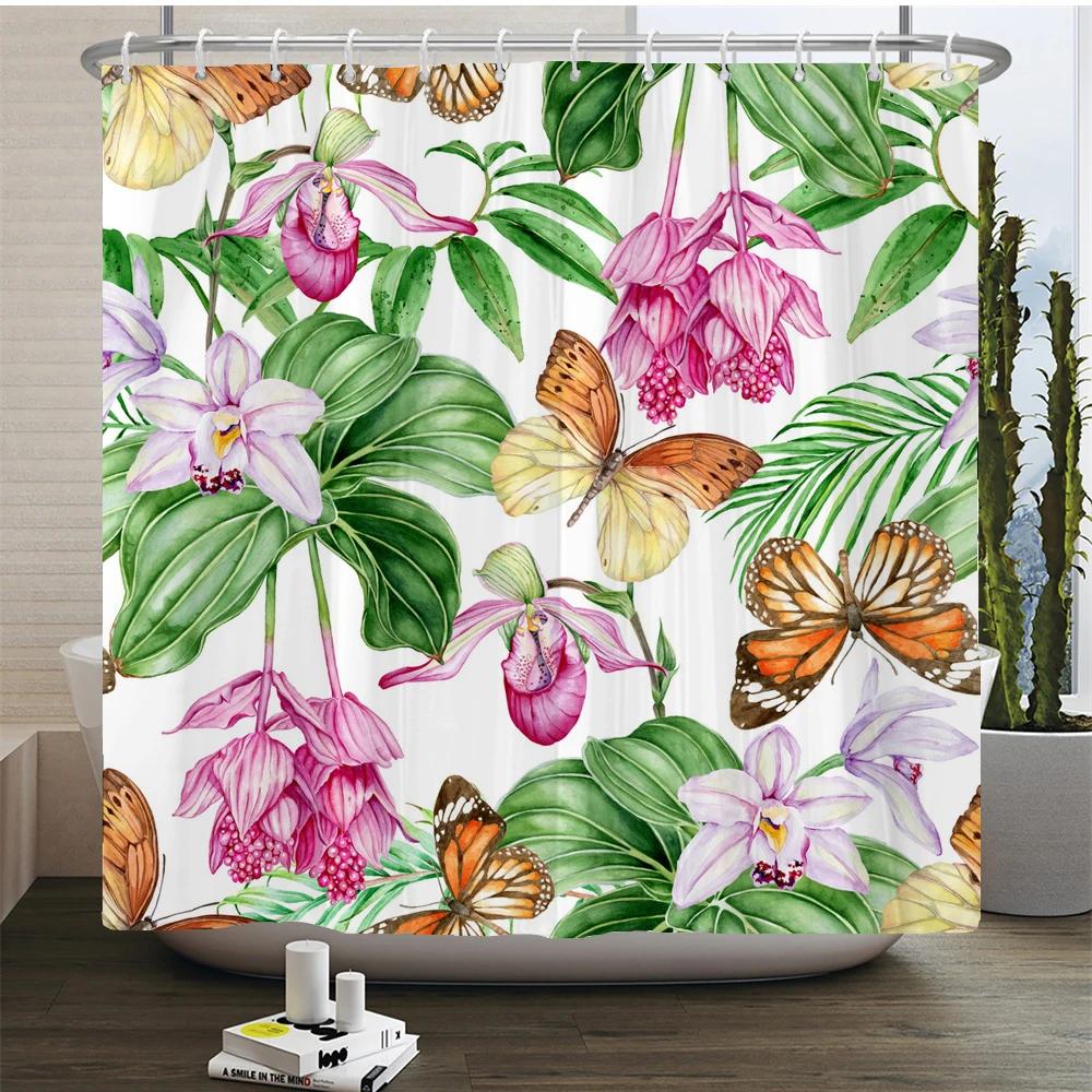 Elegant Flowers Shower Curtain 180x180cm Floral Shower Curtain Polyester Bath Curtain Bathroom Decor Machine Washable With Hooks
