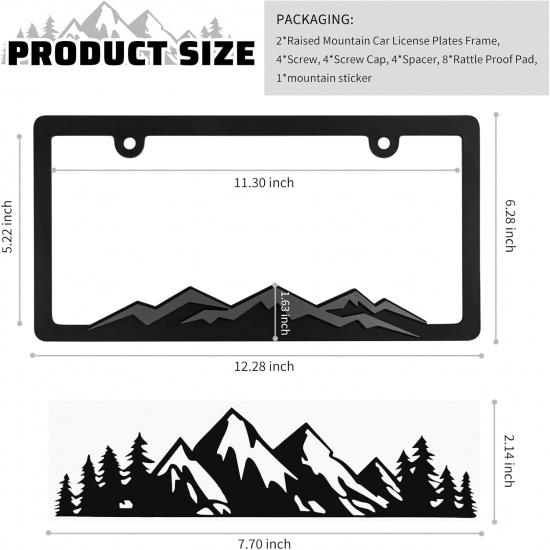 2PCS Car License Plates Frames With Raised Mountain Pattern & Mountain Car Decal,Stylish Cars Plates Frame With Screws & Caps,Decorative Cars