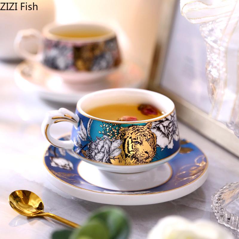 Fierce Tiger Pattern Porcelain Cup&saucer Exquisite Coffee Mug Dining Table Milk Mugs Afternoon Tea Teacup Fruits Juice Cup