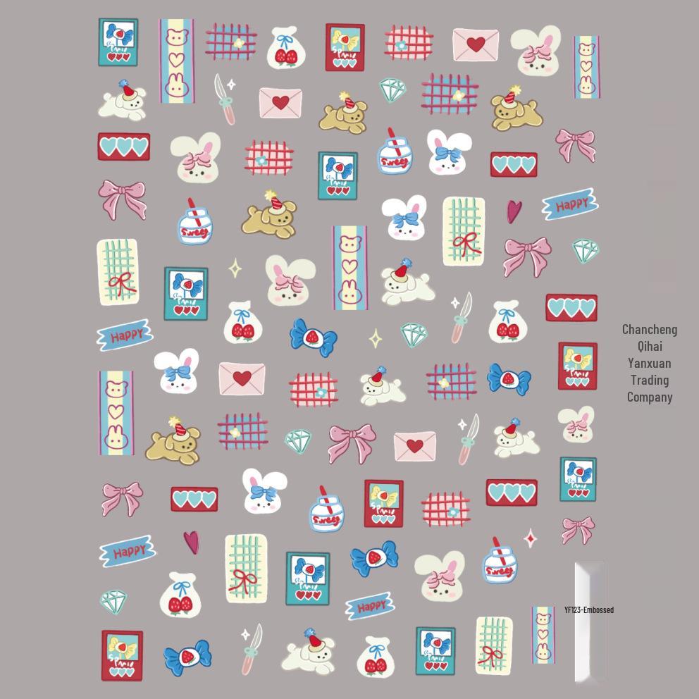 Patchwork Bear & Dora Adhesive Nail Stickers with Cute Heart and Camera Designs