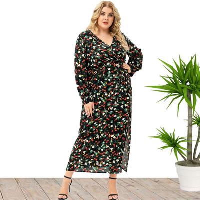 Plus Größe Xl-5xl Neue Mode Sommer Frauen Langarm Floral Split Kleid Schwarz Kleider Mutter Kleidung