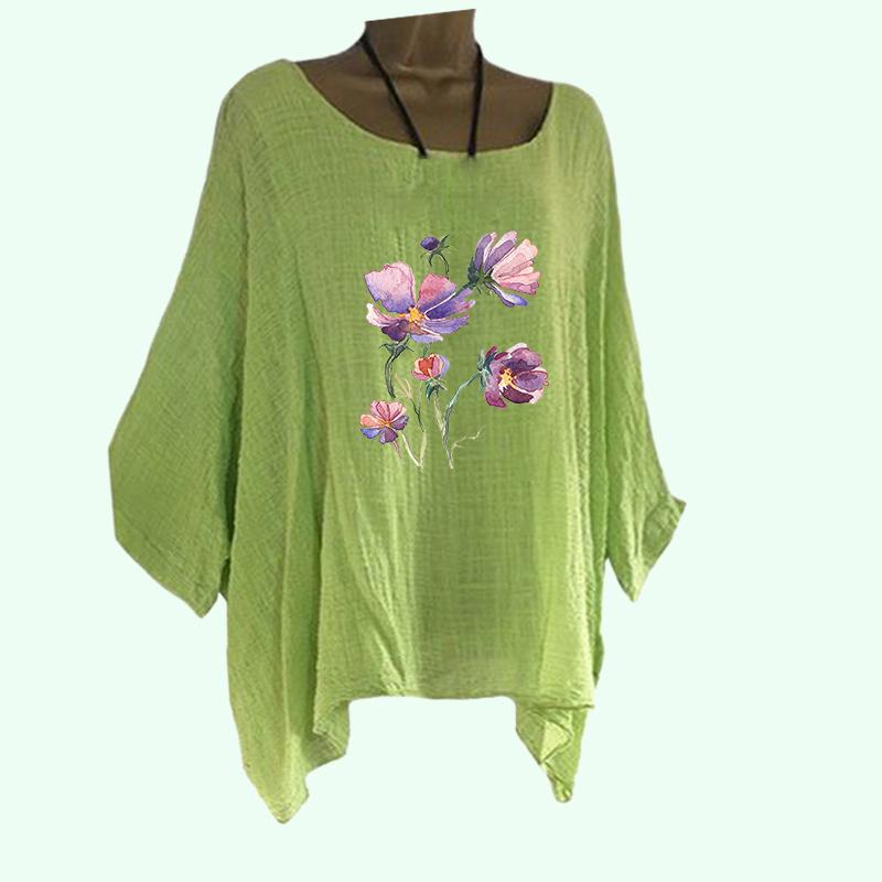 Übergröße DamenDünnes Baumwollleinenhemd Frühling&Sommer Lässig O-Ausschnitt Locker Langarm Top Damenmode Blumendruck Langes Hemd
