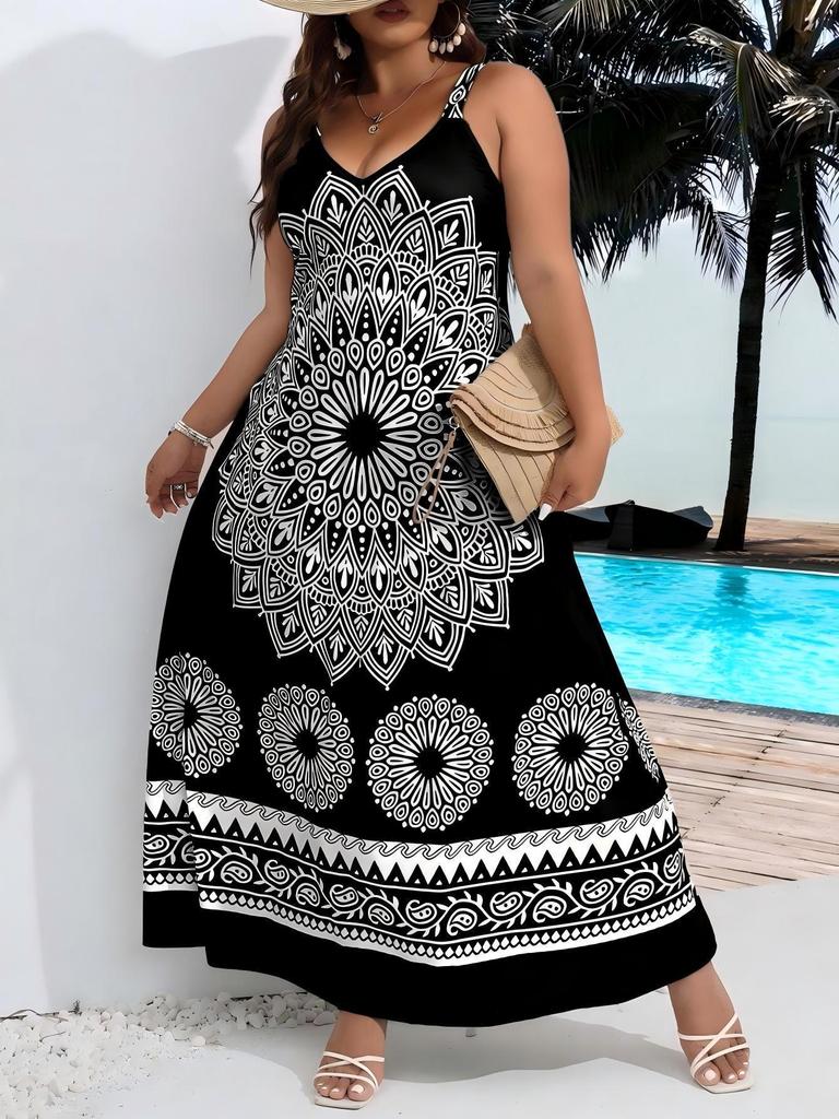 Bohemian Plus Size Floral Spaghetti Strap Beach Dress for Women